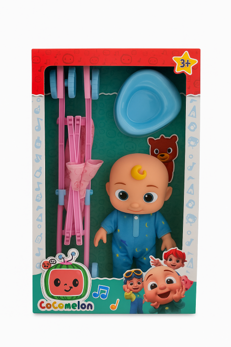 Set Jucarie CoComelon – Papusa JJ in Pijamale Albastre cu Carucior si Olita, 38x23 cm, 3+ [1]
