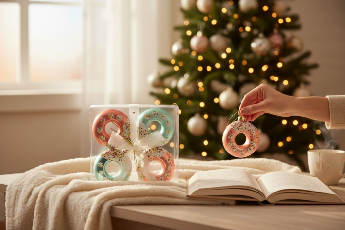 Set Globuri Craciun Tip Donut Diverse Culori cu Sclipici 4 buc, 13.5x13.5cm [3]