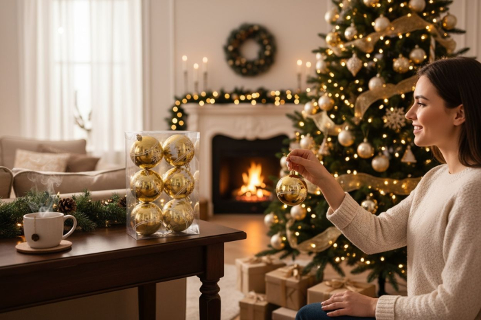 Set 6 globuri aurii lucioase cu fulgi si braduti – ornamente brad Craciun, 23x15.5x7.5cm [2]