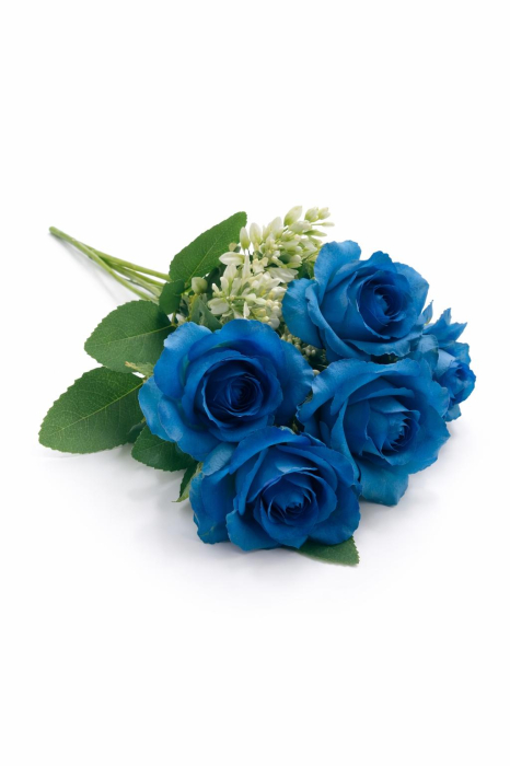 Buchet 7 trandafiri artificiali albastru intens cu frunze si boboci decorativi 30cm [3]