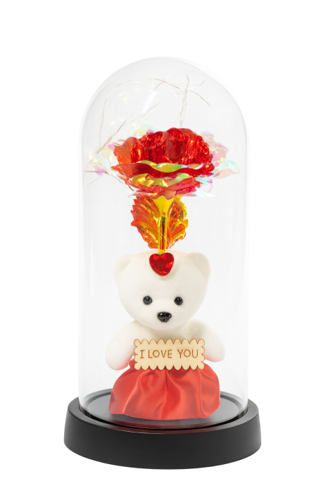 Cupola 22x11cm cu Ursulet Rosu Elegant si Trandafir Multicolor LED – Cadou Romantic [2]