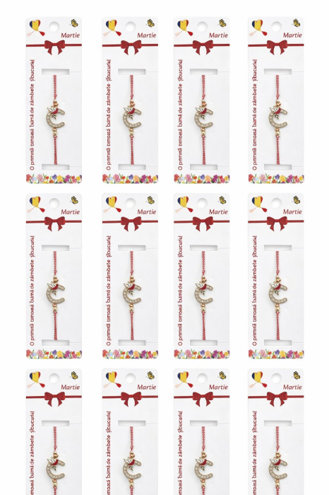 Set 12 bratari martisor cu potcoava stilizata si porumbel, snur rosu alb, ambalate individual [5]