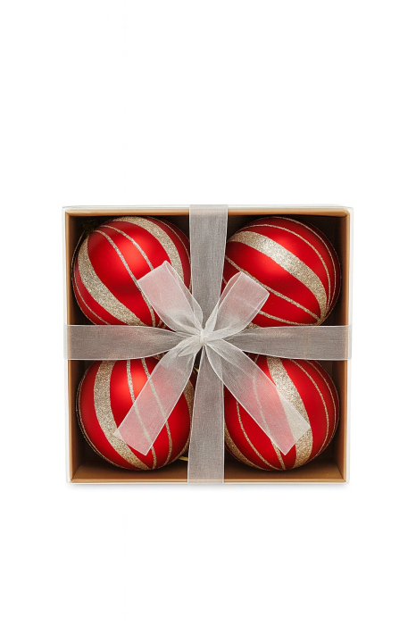 Set 4 globuri rosu cu sclipici auriu – ornamente brad Craciun, 16x16x7cm [1]