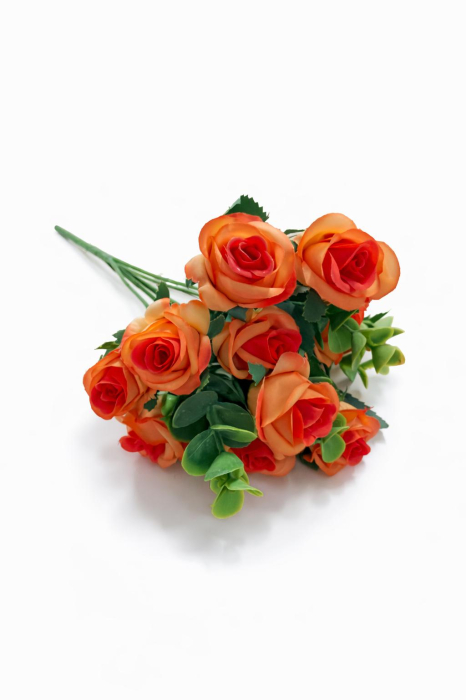 Buchet 11 trandafiri artificiali portocaliu, frunze si eucalipt decorativ, 30cm [4]