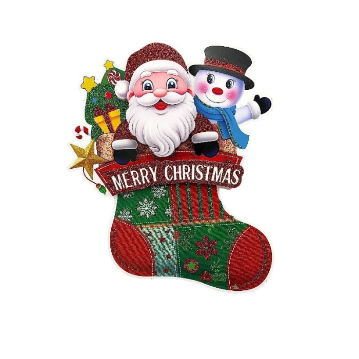 Sticker decorativ Craciun ciorap 3D cu Mos Craciun si om de zapada 22x16 cm [1]