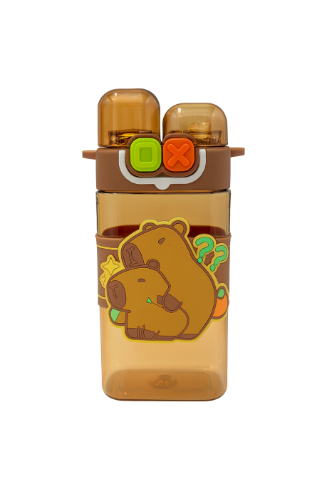 Sticla Apa Copii 600ml cu Bretea si Capac Dublu – Model Ursulet, Maro [1]