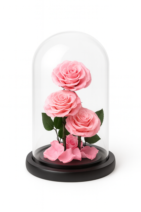 Trandafiri Roz Criogenati sub Cupola din Sticla 23x14 cm, Aranjament Luxury [3]