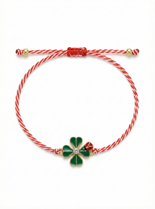 Set 12 bratari martisor cu trifoi verde si buburuza, snur reglabil rosu-alb [2]