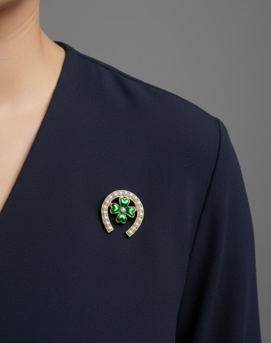 Set 12 brose martisor potcoava aurie cu trifoi verde 15x9cm [3]