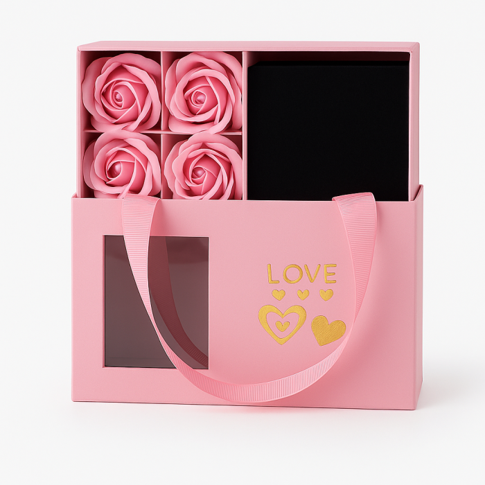 Set cadou cu 6 trandafiri de sapun roz, cutie roz tip poseta cu fereastra, 15x9.5x5 cm [3]