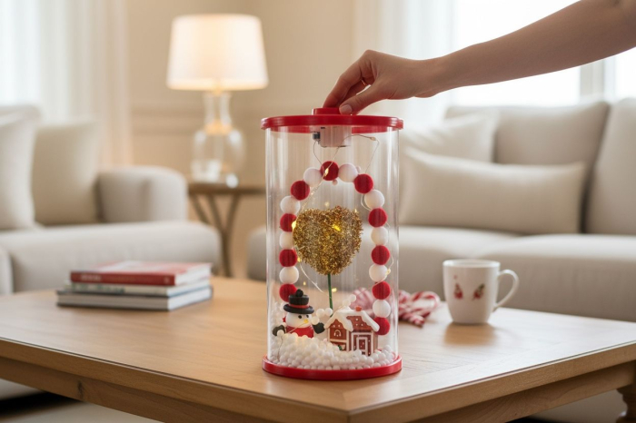 Decoratiune Craciun sub cupola transparenta cu om de zapada, casuta, inima aurie si lumini LED – model decorativ cu zapada artificiala, 17.5x11.5x11.5cm [2]