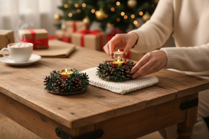 Set 2 suporturi lumanari Craciun cu conuri de brad si decor verde, 20x11cm [4]