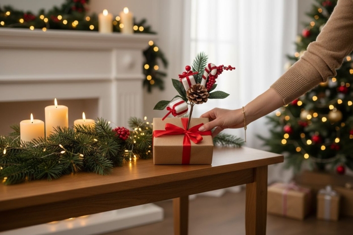 Crenguta decorativa Craciun cu con, fructe rosii si cadouri mini 28cm [2]