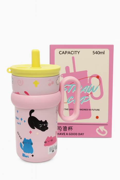 Cana Cu Pai 540ml pentru Copii cu Maner si Design Pisicute [1]