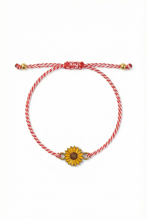 Set 12 Bratari Martisor cu Floarea Soarelui Aurie, Snur Rosu Reglabil, 20x11 cm [2]