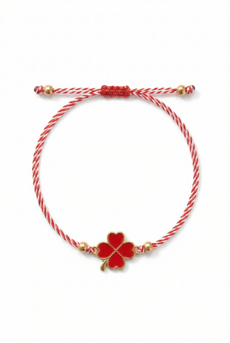 Set 12 bratari martisor cu trifoi auriu si petale rosii, snur reglabil, simbol norocos [2]