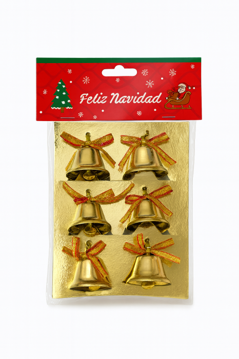 Set 6 Clopotei Aurii cu Fundita Rosie – Decoratiuni Brad Craciun [1]