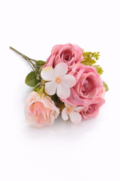 Buchet artificial 5 trandafiri si camelie crem cu roz delicat, boboci decorativi, 30cm [2]