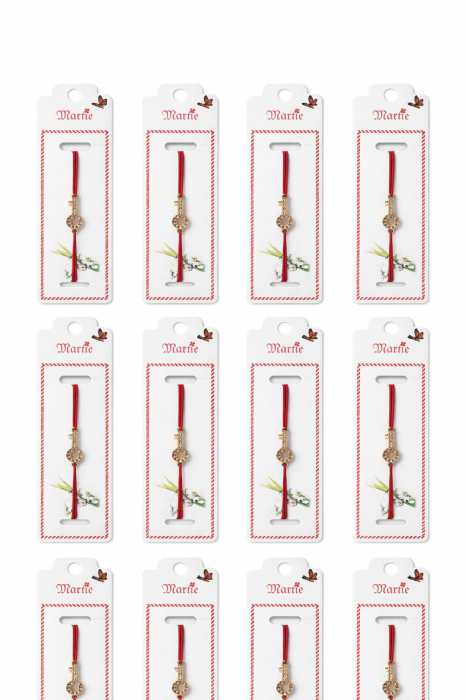 Set 24 Bratari Martisor Cheia Succesului Aurie cu Strasuri, Snur Rosu, 12x3 cm [3]
