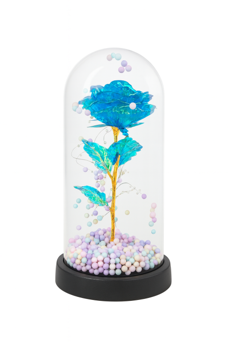 Cupola decorativa cu trandafir acrilic albastru, bile pastel si lumini LED, 22x11 cm [2]
