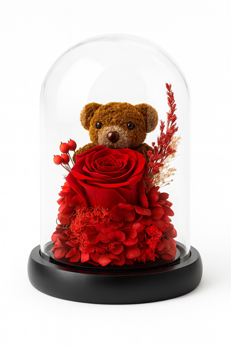 Trandafir Criogenat Rosu in Cupola Sticla 19x11 cm cu Baza Lemn Cadou Premium [2]