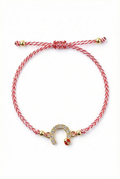 Set 12 bratari martisor cu potcoava stilizata cu strasuri si buburuza, snur rosu alb [2]