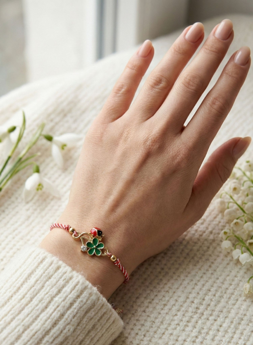 Set 12 bratari martisor cu trifoi si buburuza, snur rosu alb, ambalate individual [4]