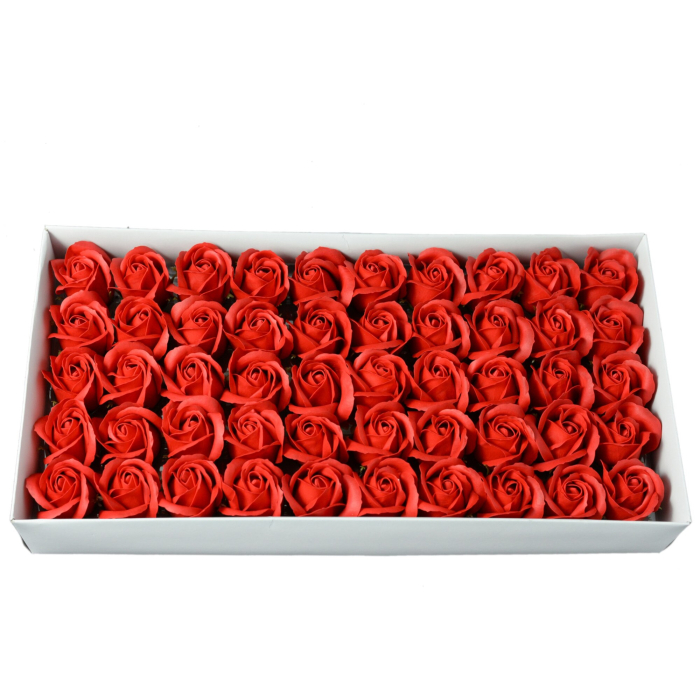 Cutie 50 trandafiri rosii din sapun – flori artificiale parfumate pentru cadouri si decor [1]