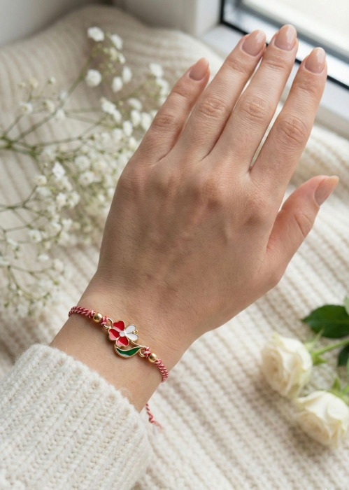 Set 12 Bratari Martisor cu Trifoi Auriu cu Stras, Snur Rosu Reglabil, 20x11 cm [3]