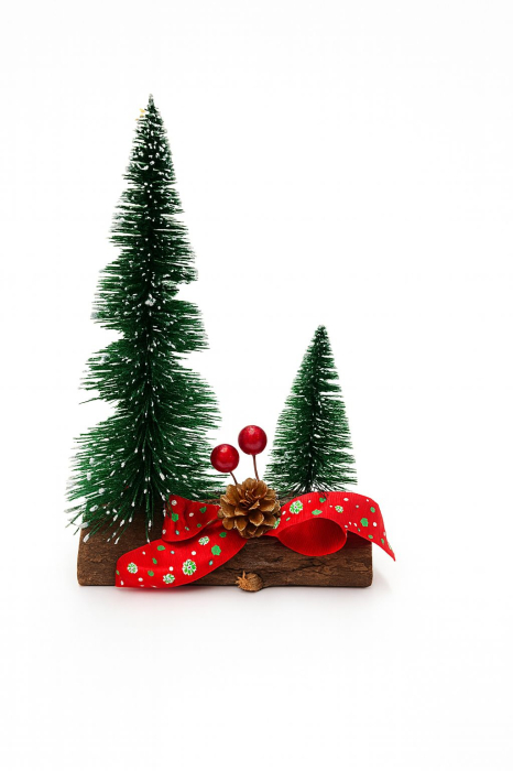 Decoratiune Craciun cu brazi miniaturi pe suport lemn si lumini LED, 22x14cm [1]