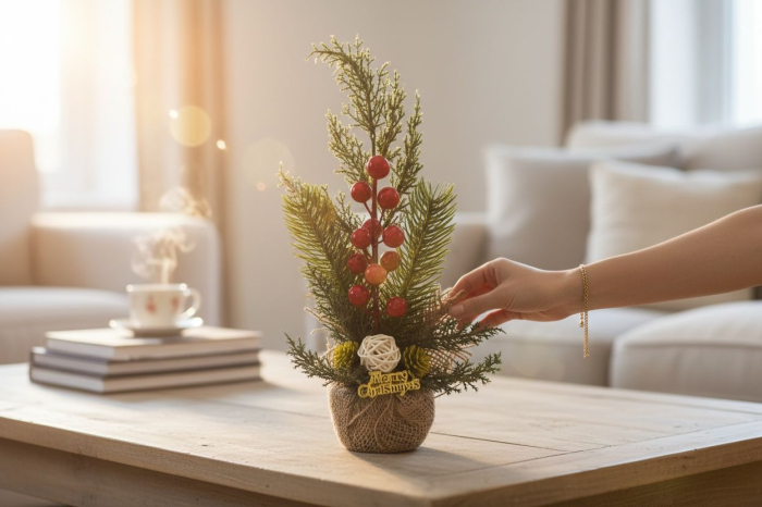 Decoratiune brad artificial de masa cu bobite rosii si mesaj Merry Christmas, 30 cm [2]