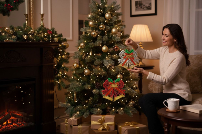 Set 12 ornamente clopotei Craciun, culori combinate, decor brad si sarbatori, 15x10cm per buc [2]