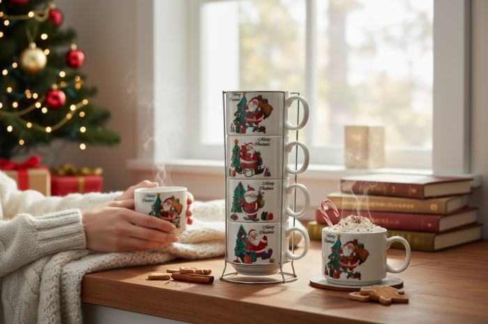 Set 4 Cani Ceramice cu Suport – Model Mos Craciun si Brad, Merry Christmas [3]