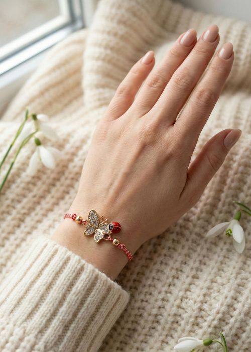 Set 12 bratari martisor cu fluture si buburuza, snur rosu alb, ambalate individual [3]