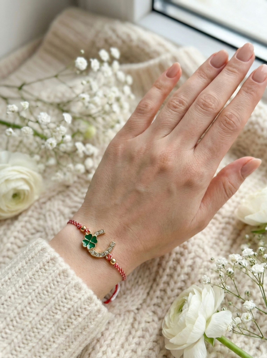 Set 12 bratari martisor cu potcoava si trifoi verde, snur reglabil rosu-alb [3]