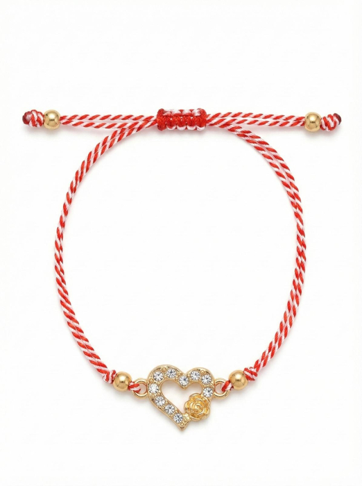 Set 12 Bratari Martisor Inima Aurie cu Strasuri si Trandafir, Snur Alb-Rosu, 20x11 cm [2]