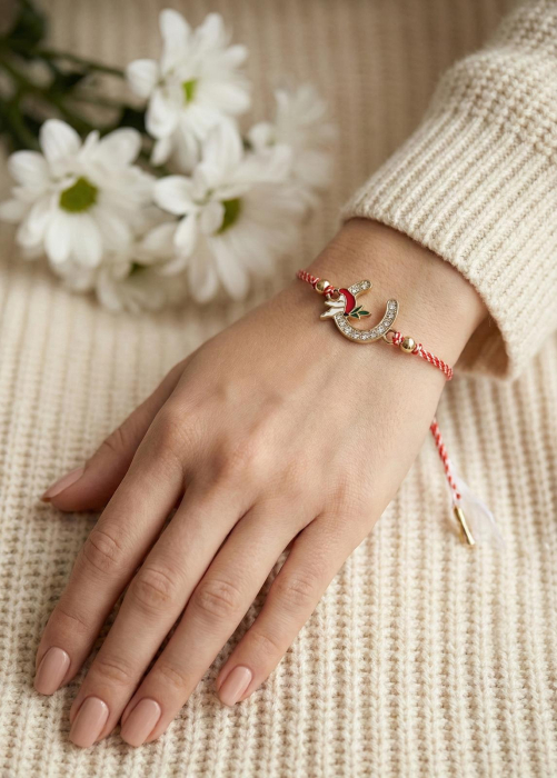 Set 12 bratari martisor cu potcoava stilizata si porumbel, snur rosu alb, ambalate individual [3]