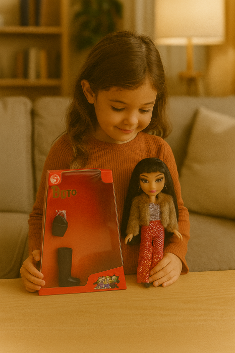 Papusa Brato Fashion cu pantaloni rosii, haina blanita si par lung negru, 29.5x22.5 cm, jucarie fete 3+ ani [2]