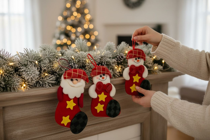 Set 12 decoratiuni Craciun tip ciorapel – Moș Craciun, om de zapada, ren – model textil1, 4cm [3]