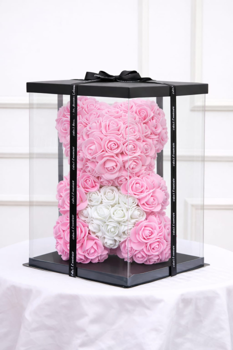 Ursulet decorativ din trandafiri din spuma roz deschis cu inima alba in cutie transparenta [2]