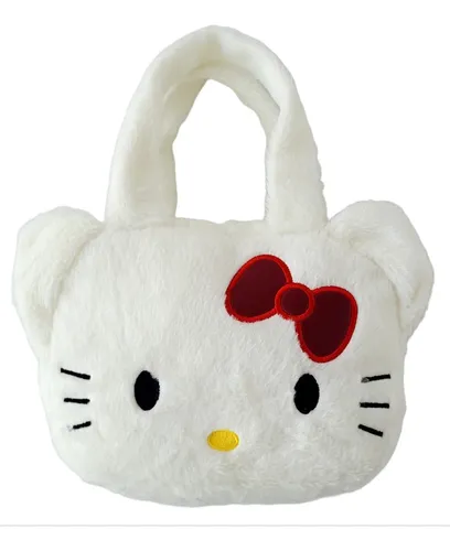 Geanta Pufos Fete, Model Pisicuta Alba cu Fundita Rosie, 25x20 cm, Stil Cute [2]