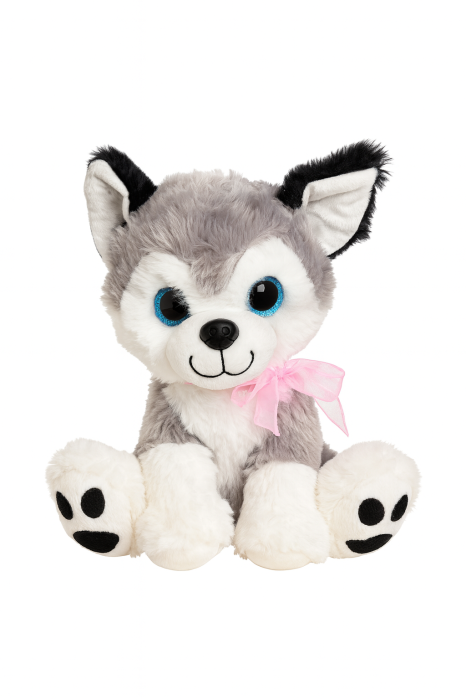 Husky Plus 25 cm – Catel Pufos cu Ochi Albastri si Fundita Roz [1]