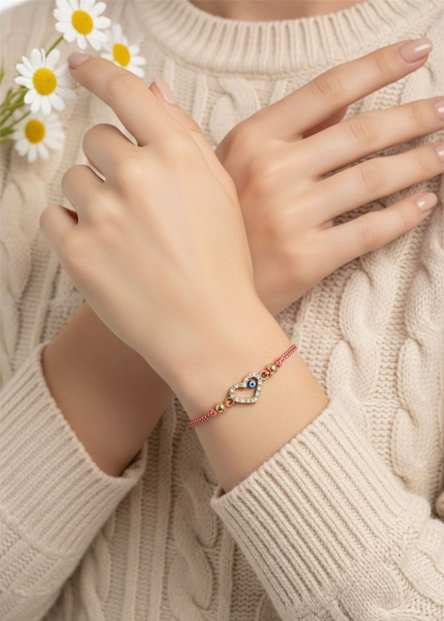 Set 12 bratari martisor inima aurie cu strasuri si ochisor, snur alb rosu, 20x11cm [3]