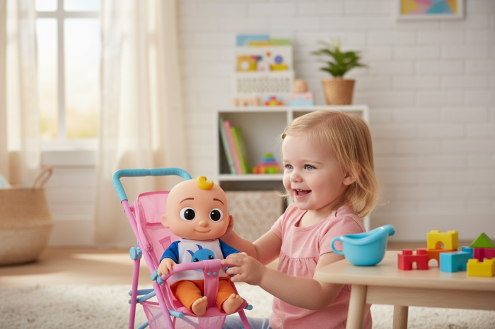 Set Jucarie CoComelon – Papusa JJ cu Olita si Carucior Pliabil, 38x23 cm, 3+ [2]