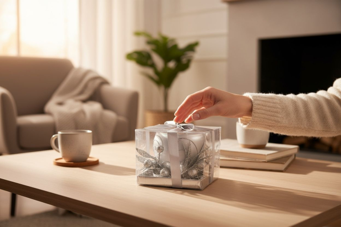 Decoratiune Craciun cu lumare argintie cadou – model elegant ambalat cu funda, [3]