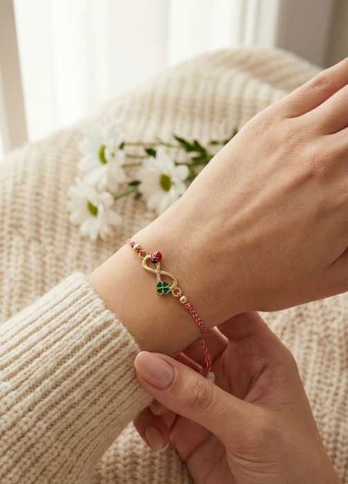 Set 12 bratari martisor cu simbol infinit, trifoi si buburuza, snur rosu alb [3]