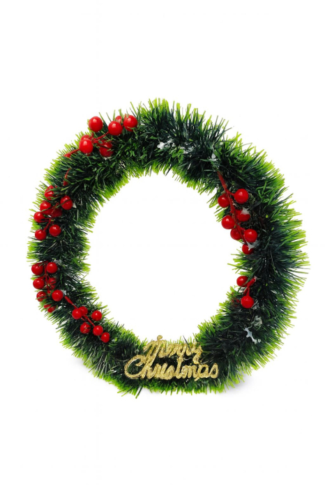 COROANA DECORATIVA CRACIUN VERDE CU BOABE ROSII SI MERRY CHRISTMAS, 30cm [1]
