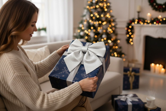 Fundita decor alba Craciun, mare, material textil, ornament pentru brad si decoratiuni, 24x20cm [3]