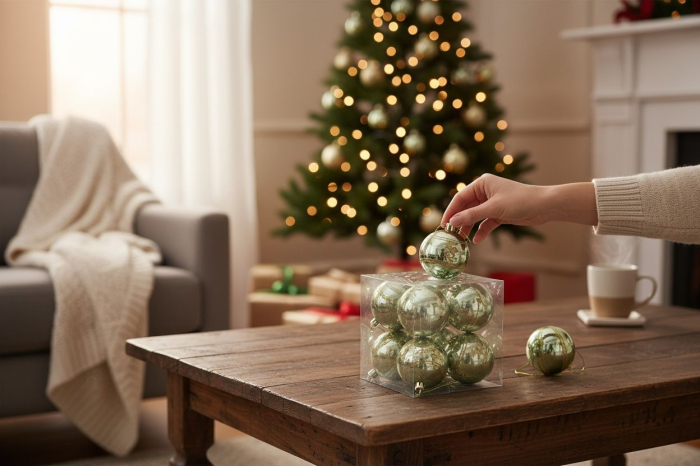 Set 6 globuri Craciun verde deschis metalizat, model auriu, 23x15.5x7.5cm [2]