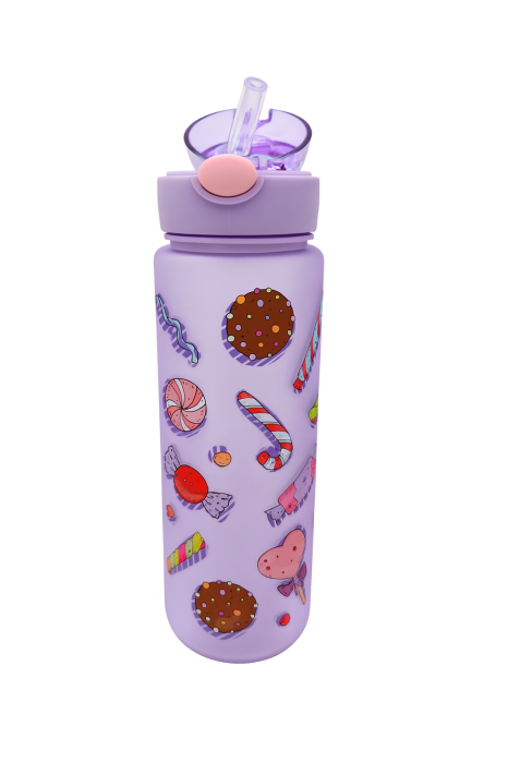 Sticla Kids Candy Purple 500ml – Model Vesel cu Dulciuri, Pai si Capac Flip Anti-Scurgere [2]